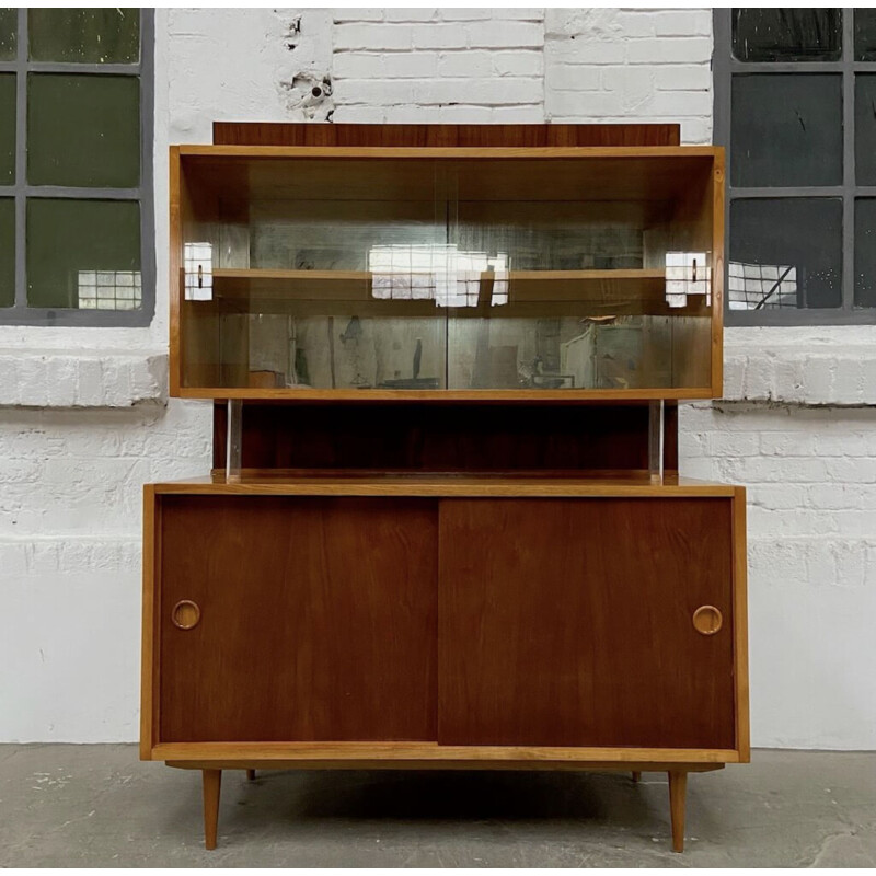 Vintage wood and glass highboard, Czech republic 1960s
