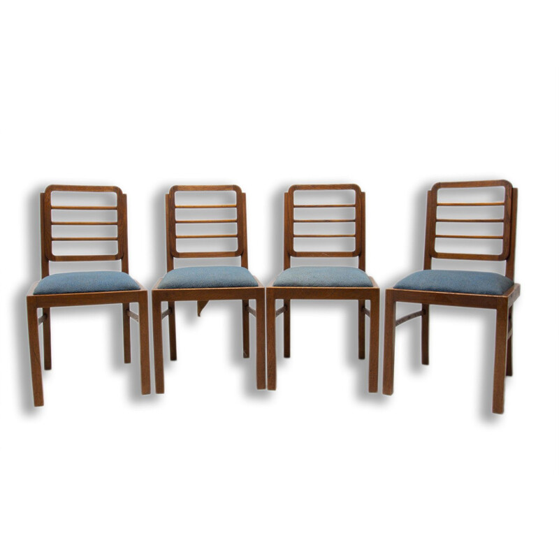 Set of Art deco vintage walnut dining chairs, Czechoslovakia 1930s