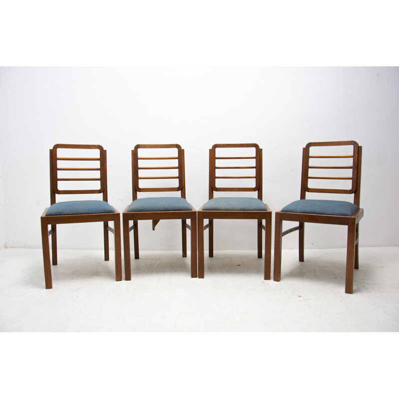 Set of Art deco vintage walnut dining chairs, Czechoslovakia 1930s