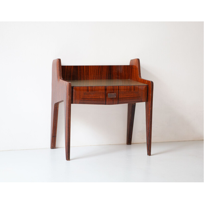 Italian mid century exotic wood night stand with glass top and brass, 1950s