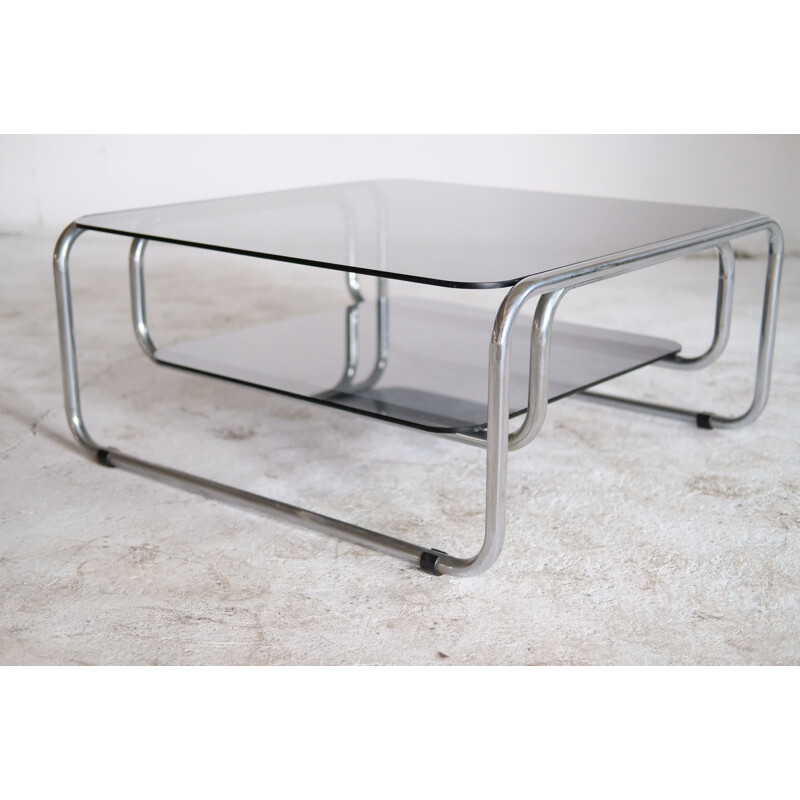 Table basse vintage en chrome et verre, Italie 1970