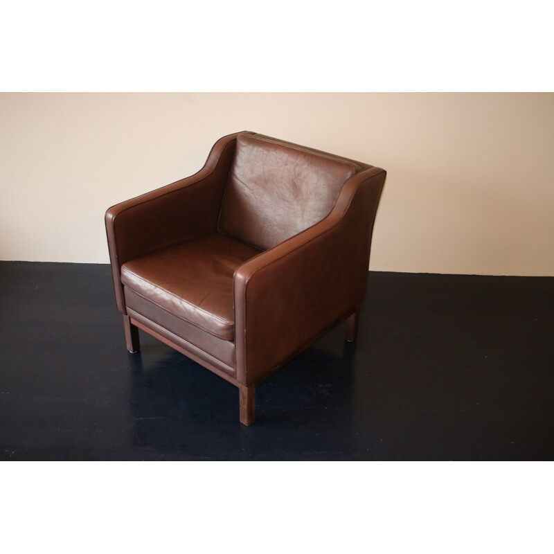 Fauteuil vintage en cuir brun, Danemark 1960