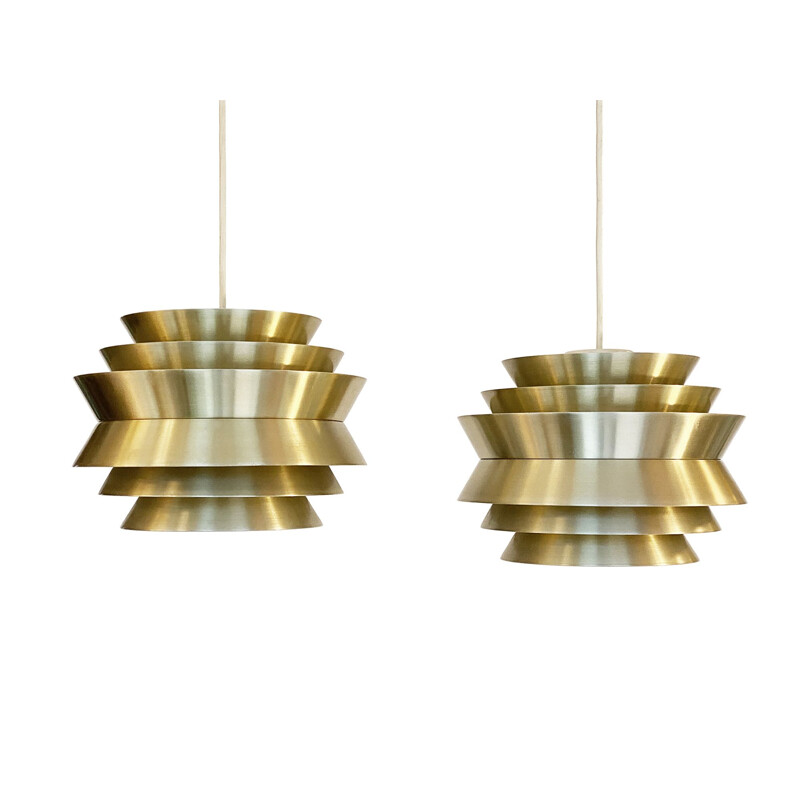 Pair of vintage pendant lamps "Trava" in golden aluminium by Carl Thore for Granhaga Metallindustri, Sweden 1960s