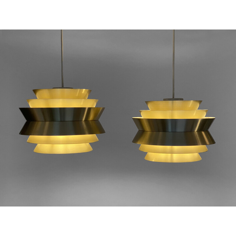 Pair of vintage pendant lamps "Trava" in golden aluminium by Carl Thore for Granhaga Metallindustri, Sweden 1960s