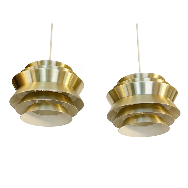 Pair of vintage pendant lamps "Trava" in golden aluminium by Carl Thore for Granhaga Metallindustri, Sweden 1960s