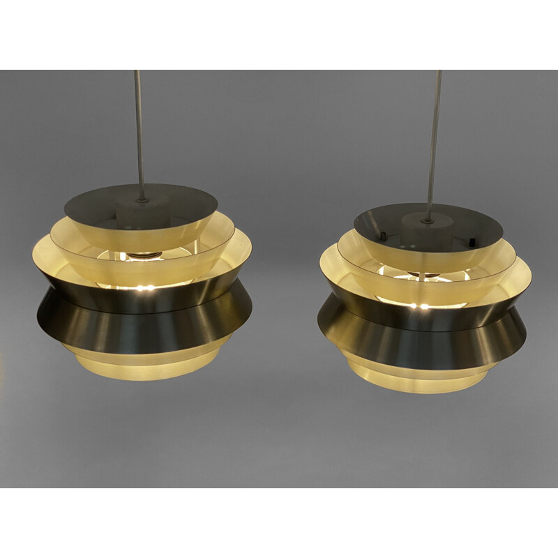 Pair of vintage pendant lamps "Trava" in golden aluminium by Carl Thore for Granhaga Metallindustri, Sweden 1960s