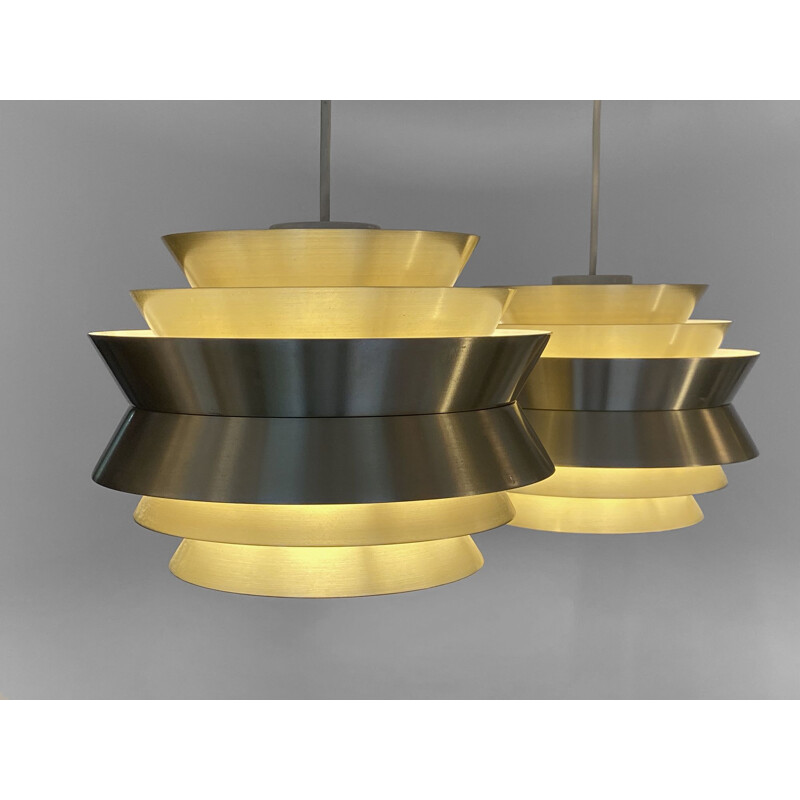 Pair of vintage pendant lamps "Trava" in golden aluminium by Carl Thore for Granhaga Metallindustri, Sweden 1960s