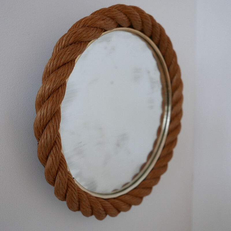 Miroir circulaire vintage en corde par Audoux-Minet, France 1960