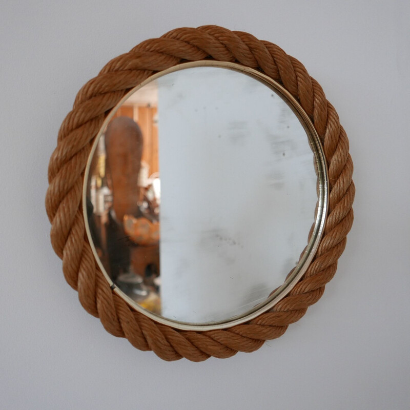 Vintage rope work circular mirror by Audoux-Minet, France 1960s