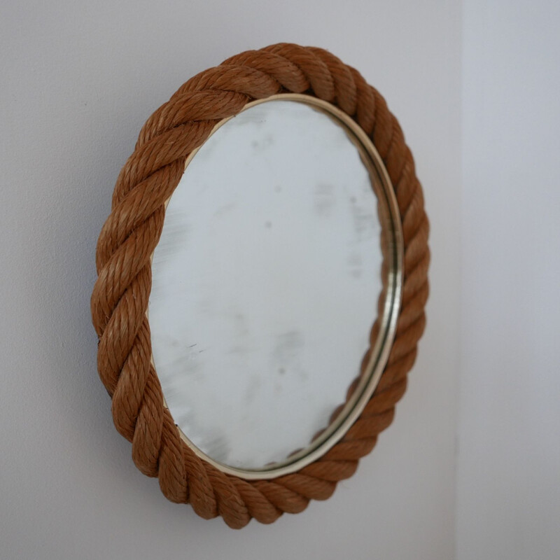 Miroir circulaire vintage en corde par Audoux-Minet, France 1960