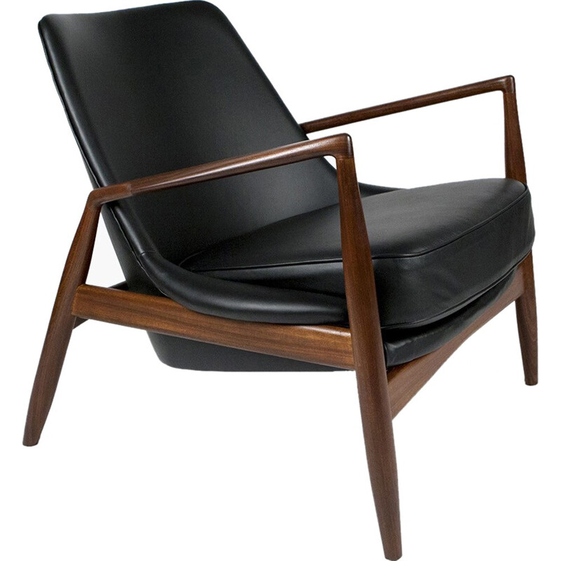 Lounge chair in black leather, Ib KOFOD LARSEN - 1950s