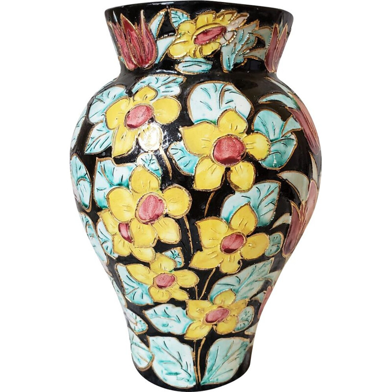 Vaso vintage in ceramica di Vallauris con decorazione floreale cloisonné su fondo nero, 1960