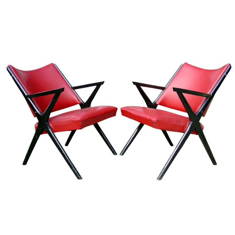 Pair of vintage red armchairs by Dal Vera, Italy 1950