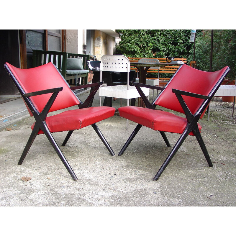 Paar vintage rode fauteuils van Dal Vera, Italië 1950