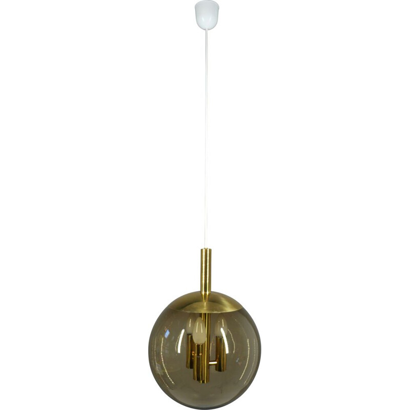 Vintage brass pendant lamp with smoked glass ball by Doria Leuchten, Germany 1960