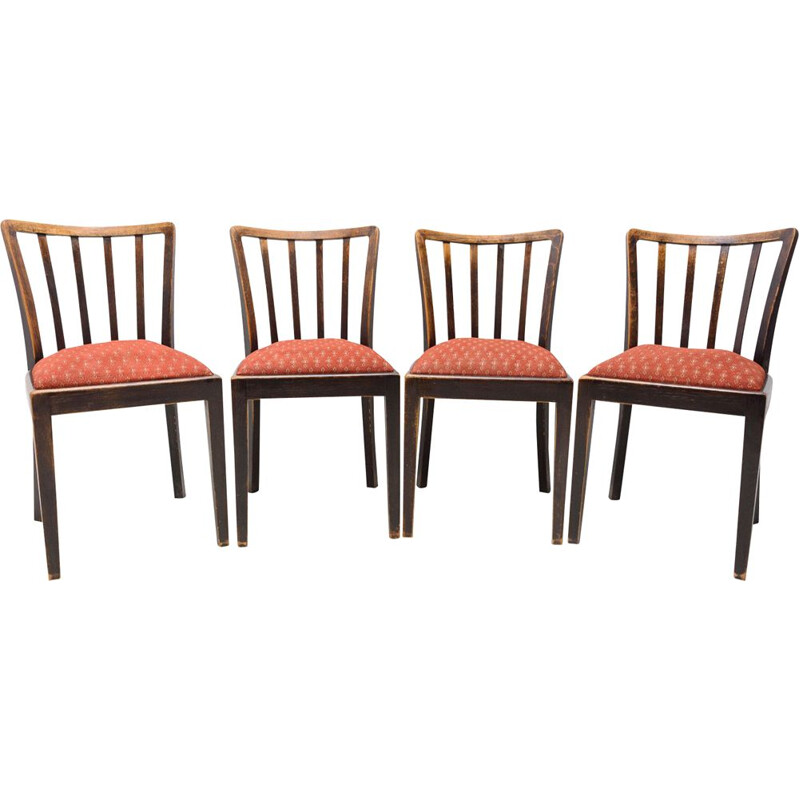 Ensemble de 4 chaises vintage en bois de hêtre et en tissu rembourrées, Tchécoslovaquie 1960