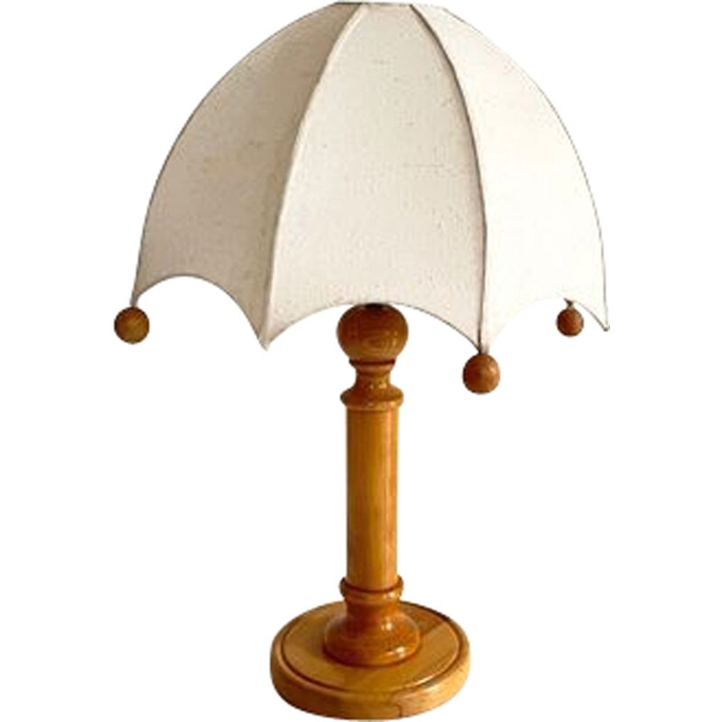 Vintage wooden lamp with fabric shade, 1970