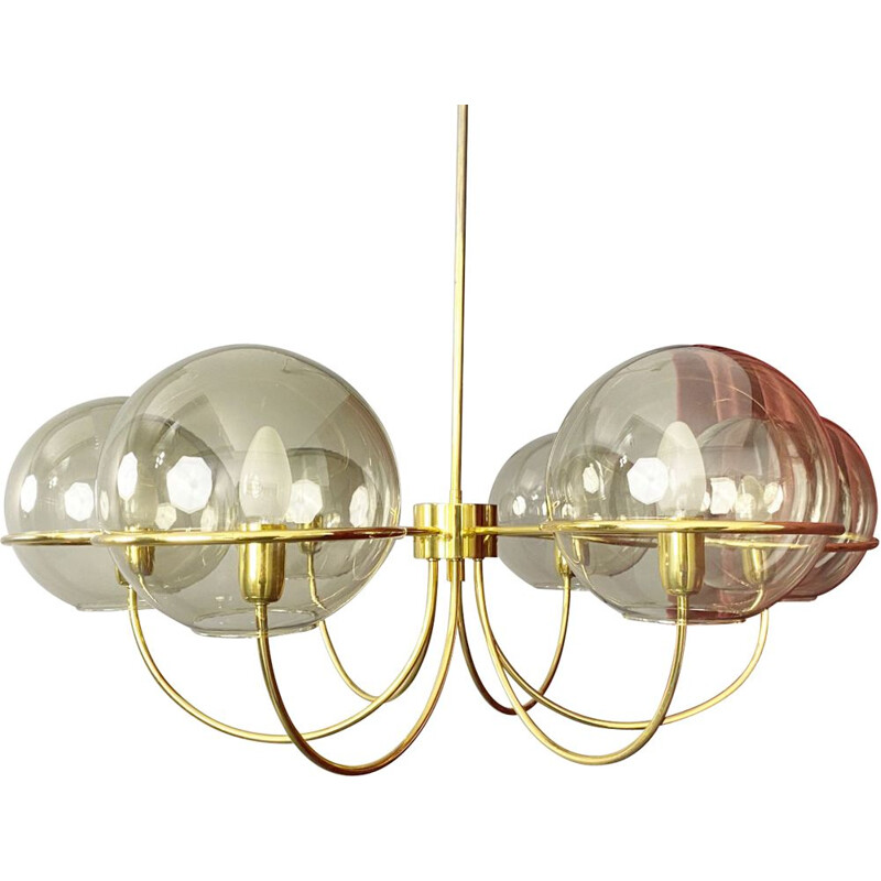 Vintage brass pendant lamp with 6 smoked glass globes, Italy 1960