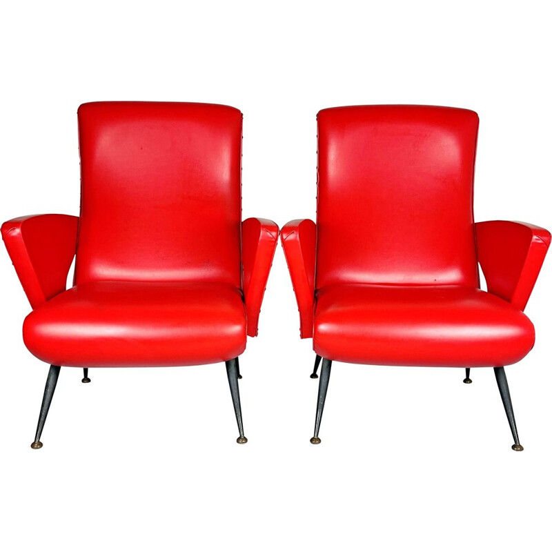 Pair of vintage red armchairs, Italy 1950s