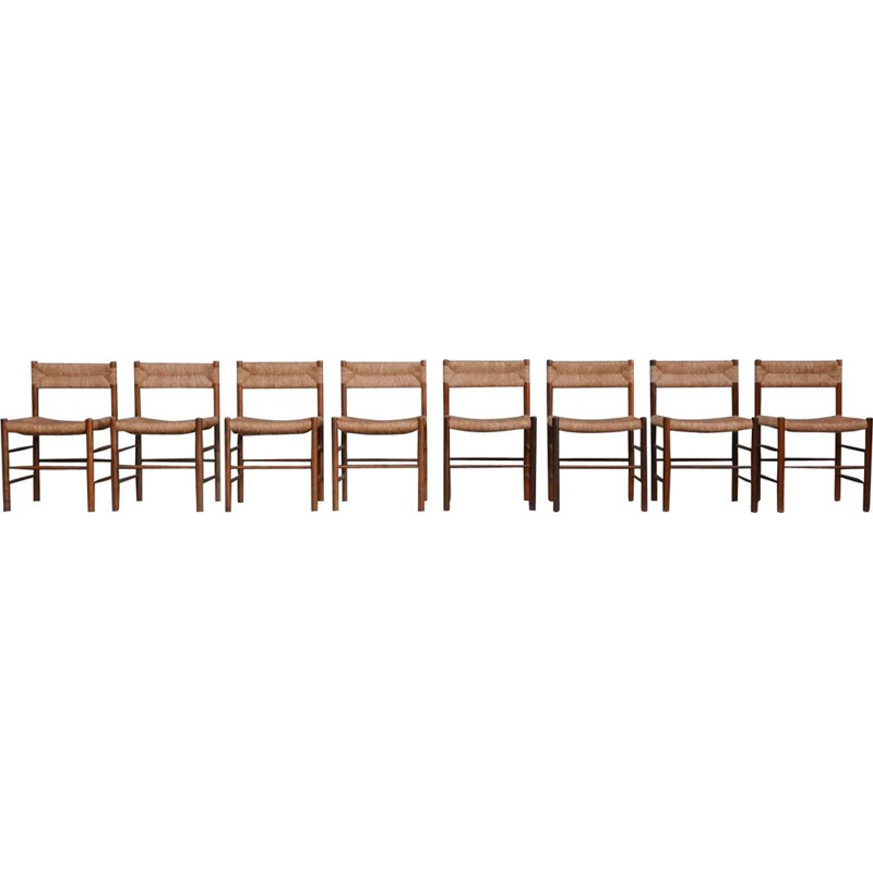 Set of 8 vintage "Dordogne" dining chairs by Charlotte Perriand, France 1960s