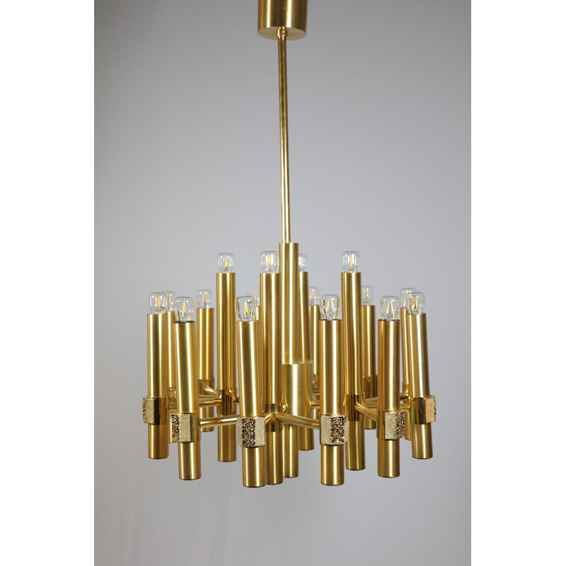 Vintage gilded brass chandelier by Angelo Brotto for Esperia, Italy 1970