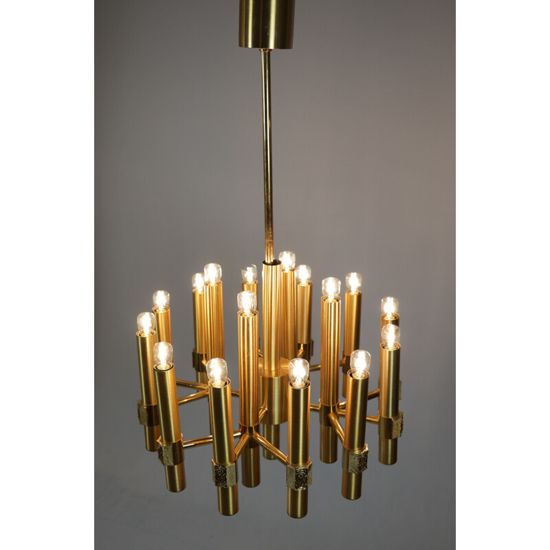 Vintage gilded brass chandelier by Angelo Brotto for Esperia, Italy 1970