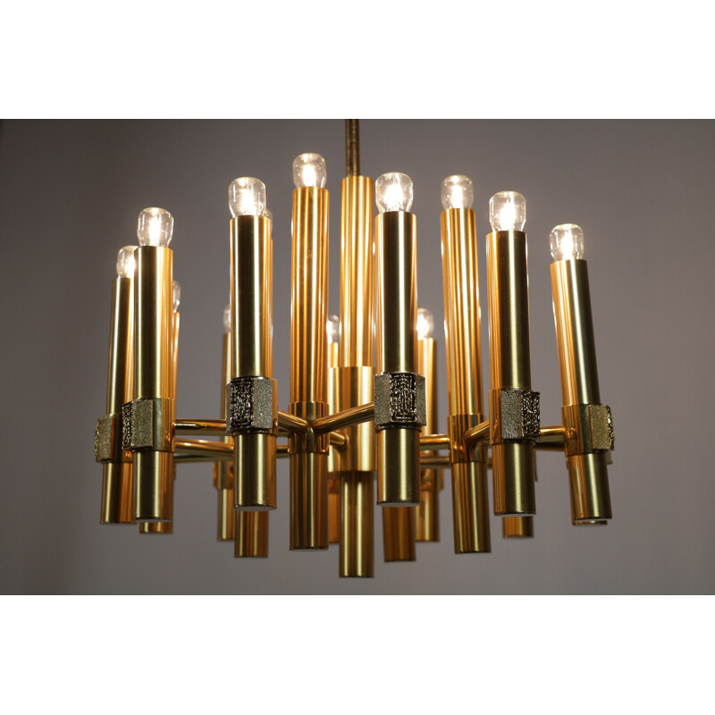 Vintage gilded brass chandelier by Angelo Brotto for Esperia, Italy 1970