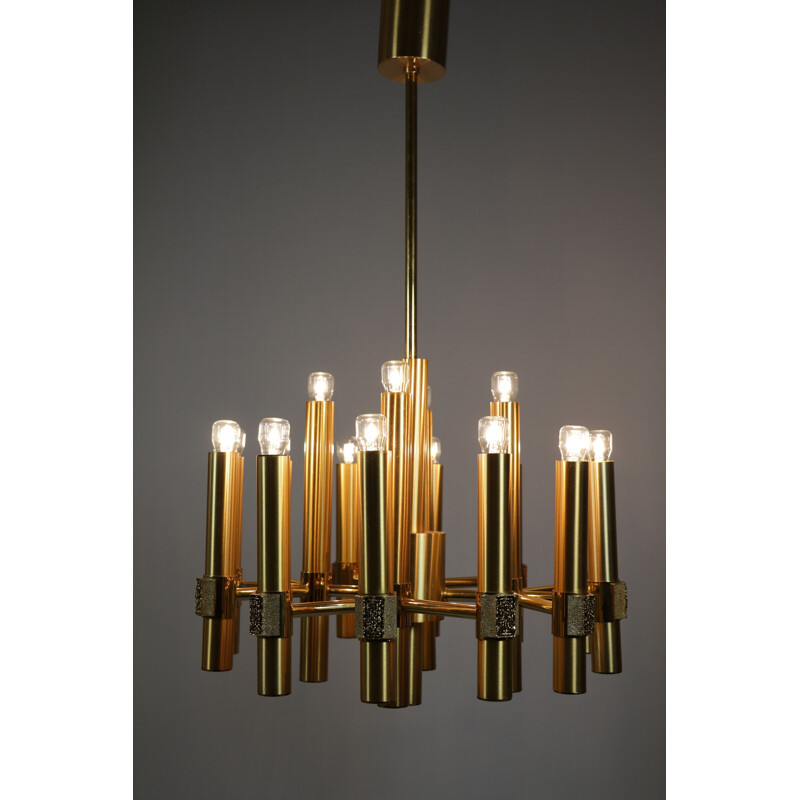 Vintage gilded brass chandelier by Angelo Brotto for Esperia, Italy 1970