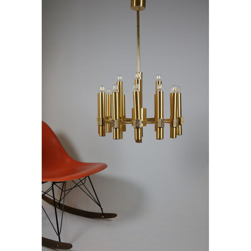 Vintage gilded brass chandelier by Angelo Brotto for Esperia, Italy 1970