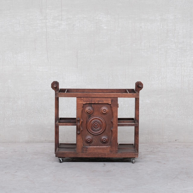 Chariot de bar Art Déco vintage en bois de chêne par Gaston Poission, France 1940