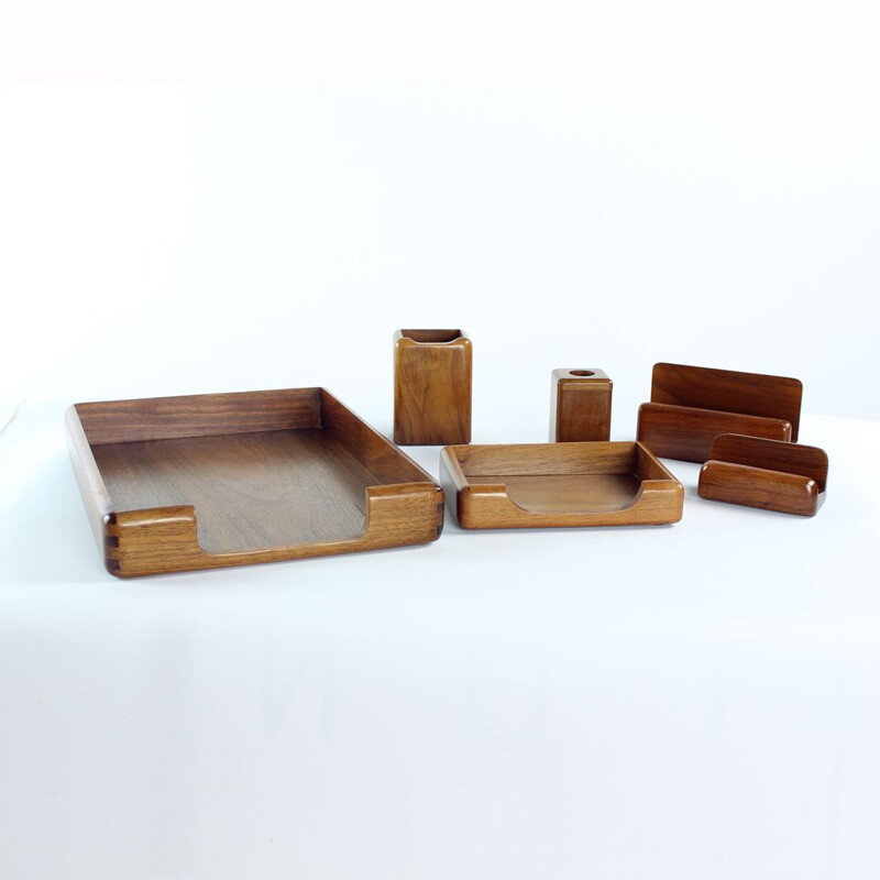 Mid century desk set in walnut wood, Czechoslovakia 1960s