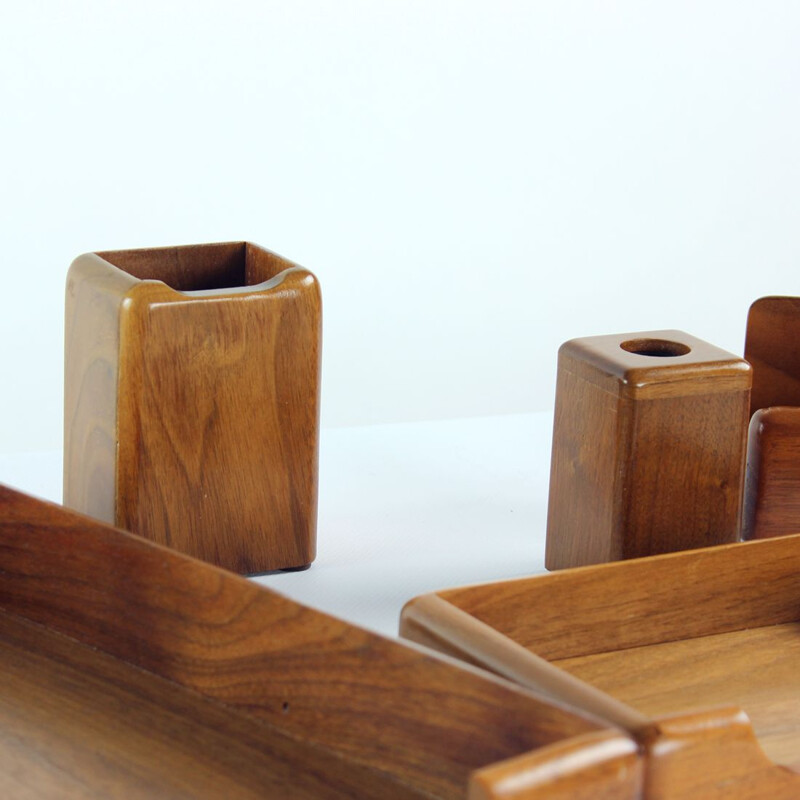 Mid century desk set in walnut wood, Czechoslovakia 1960s