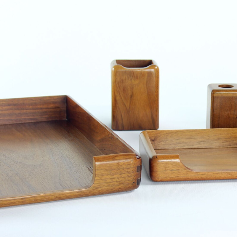 Mid century desk set in walnut wood, Czechoslovakia 1960s