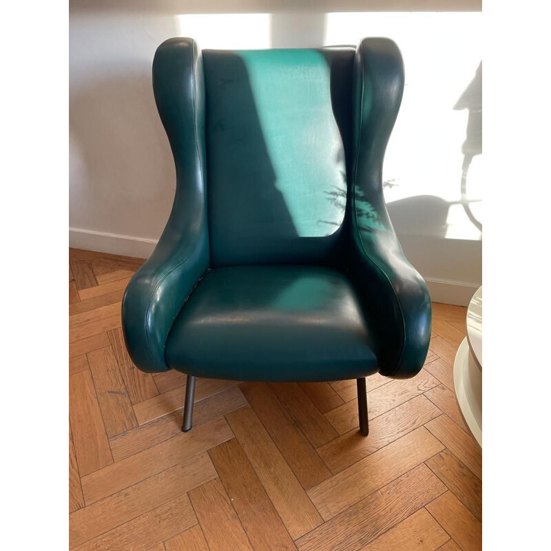Vintage senior armchair in imitation leather by Marco Zanuso, 1960