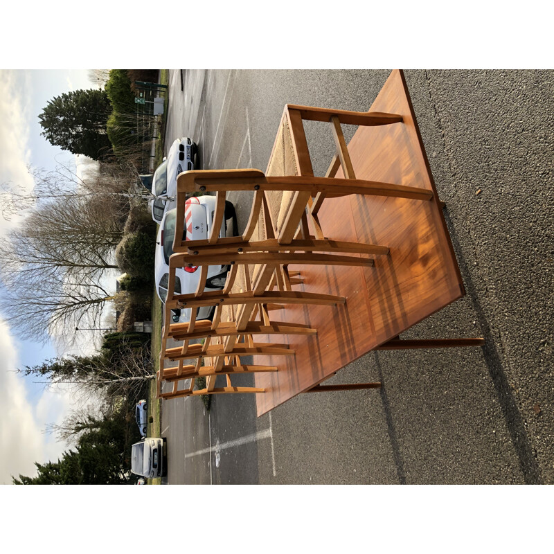 Set of 6 vintage oakwood and straw chairs by Pierre Cruège, 1950