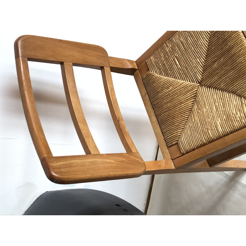Set of 6 vintage oakwood and straw chairs by Pierre Cruège, 1950