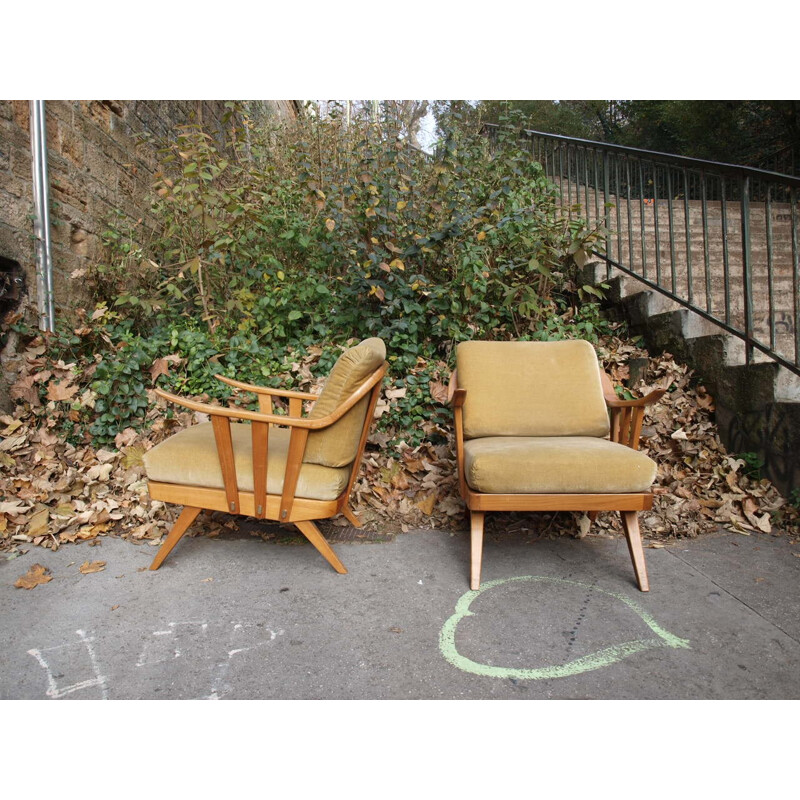 Mid-century armchair in light brown velvet and wood - 1950s