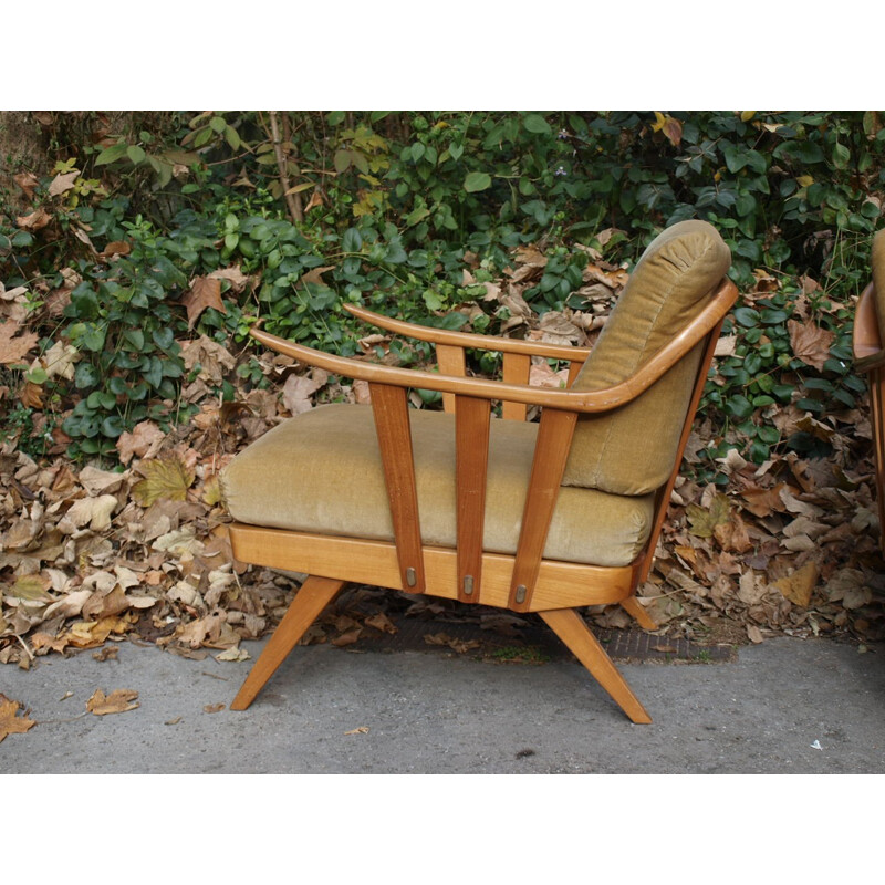 Mid-century armchair in light brown velvet and wood - 1950s