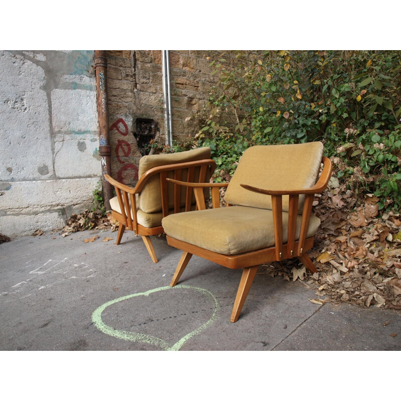 Mid-century armchair in light brown velvet and wood - 1950s