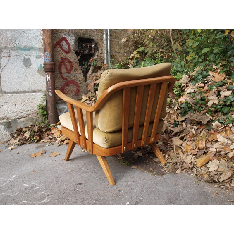 Mid-century armchair in light brown velvet and wood - 1950s