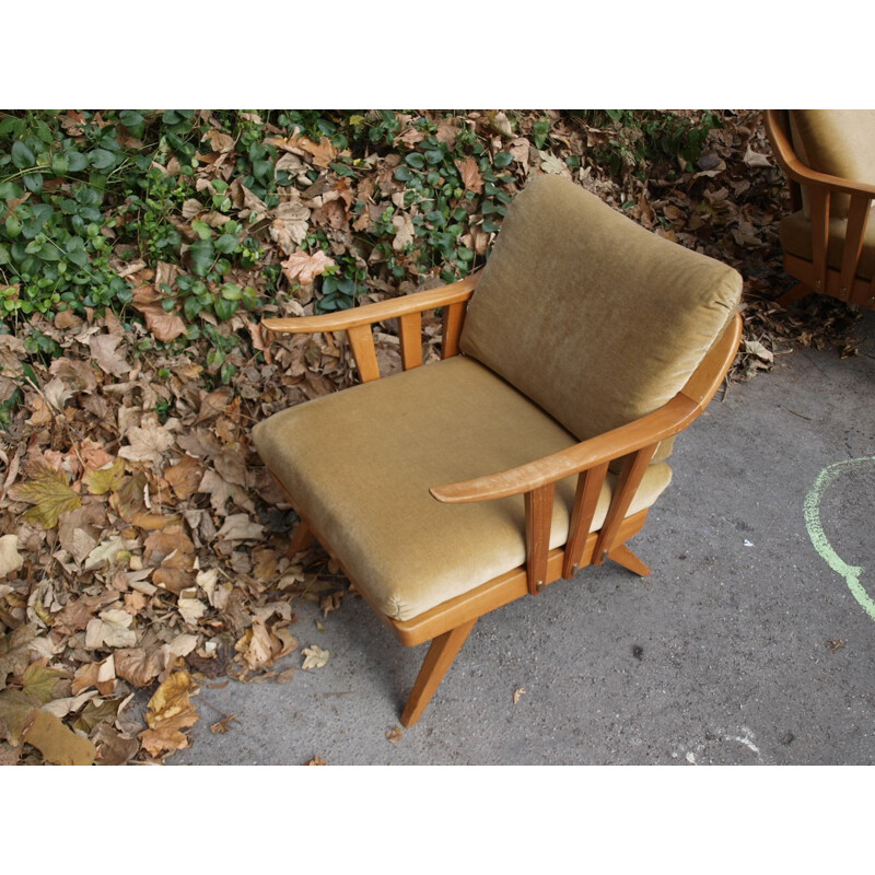 Mid-century armchair in light brown velvet and wood - 1950s