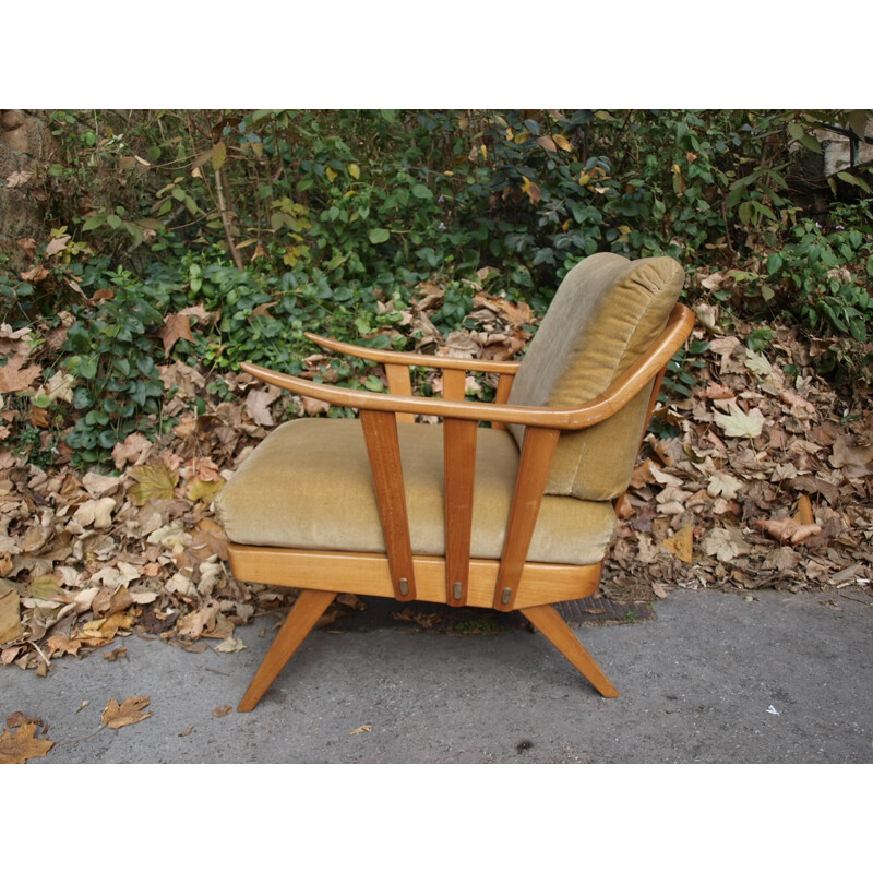 Mid-century armchair in light brown velvet and wood - 1950s