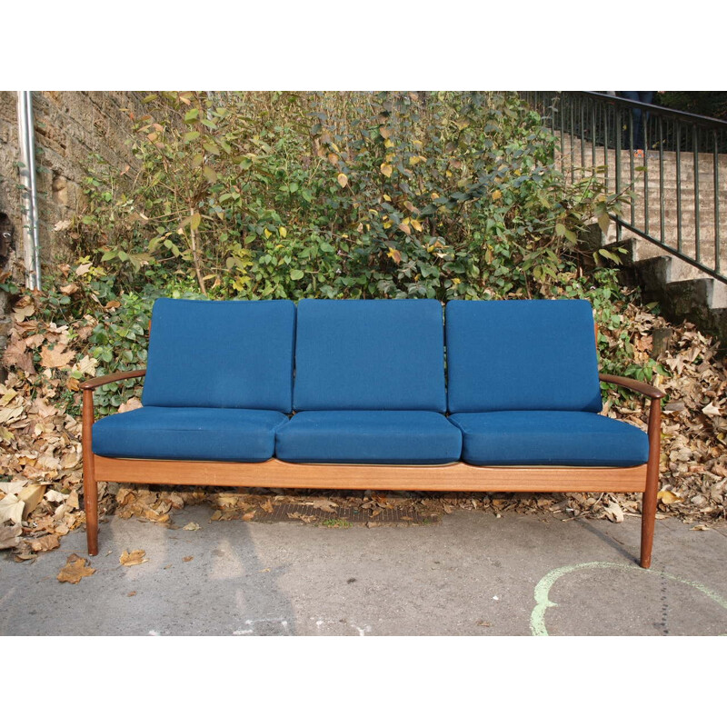 Danish France & Son 3-seater sofa in teak and blue fabric, Grete JALK - 1960s