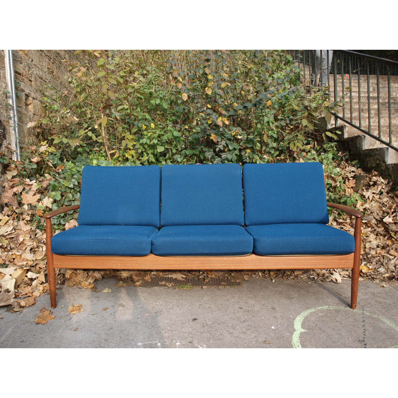 Danish France & Son 3-seater sofa in teak and blue fabric, Grete JALK - 1960s