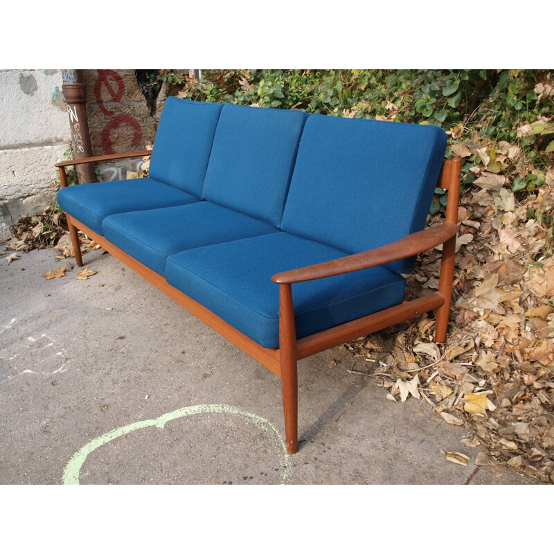 Danish France & Son 3-seater sofa in teak and blue fabric, Grete JALK - 1960s