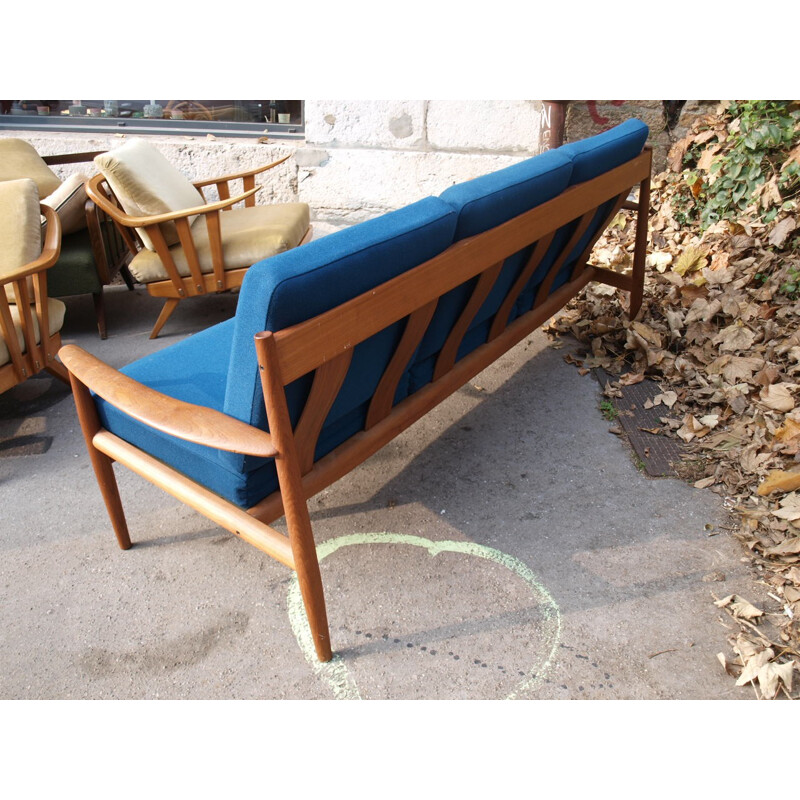 Danish France & Son 3-seater sofa in teak and blue fabric, Grete JALK - 1960s