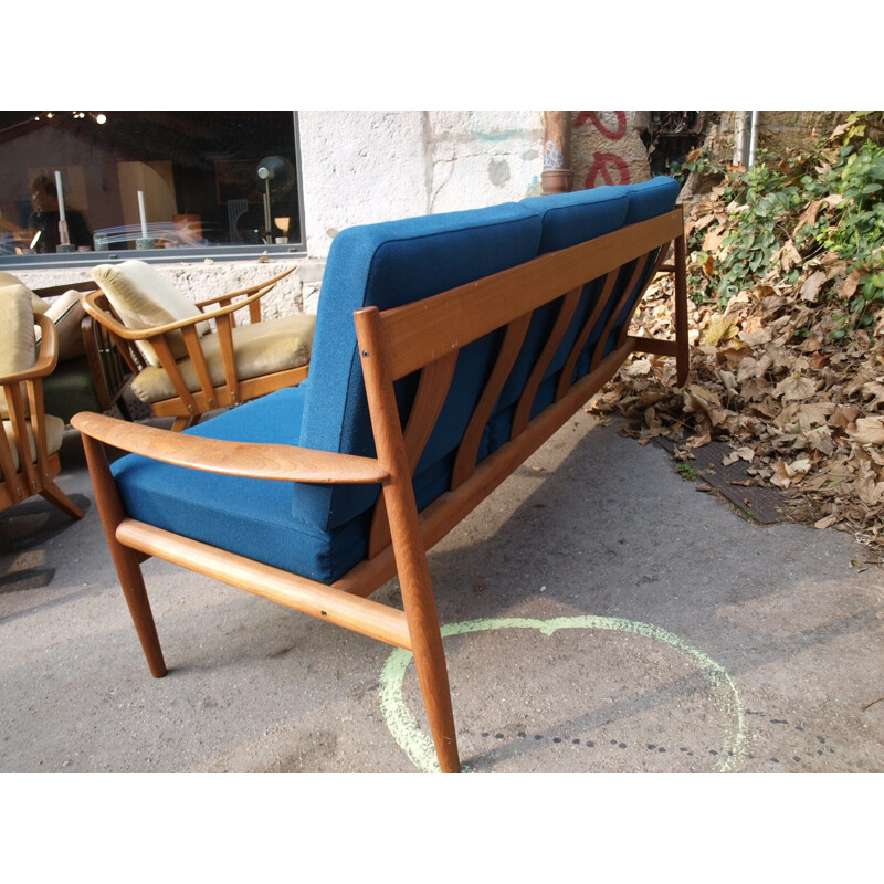 Danish France & Son 3-seater sofa in teak and blue fabric, Grete JALK - 1960s