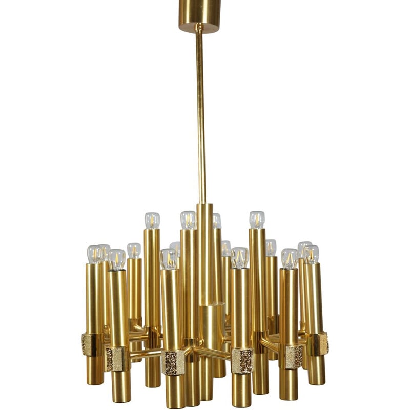 Vintage gilded brass chandelier by Angelo Brotto for Esperia, Italy 1970