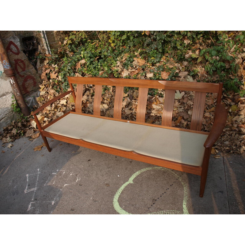 Danish France & Son 3-seater sofa in teak and blue fabric, Grete JALK - 1960s