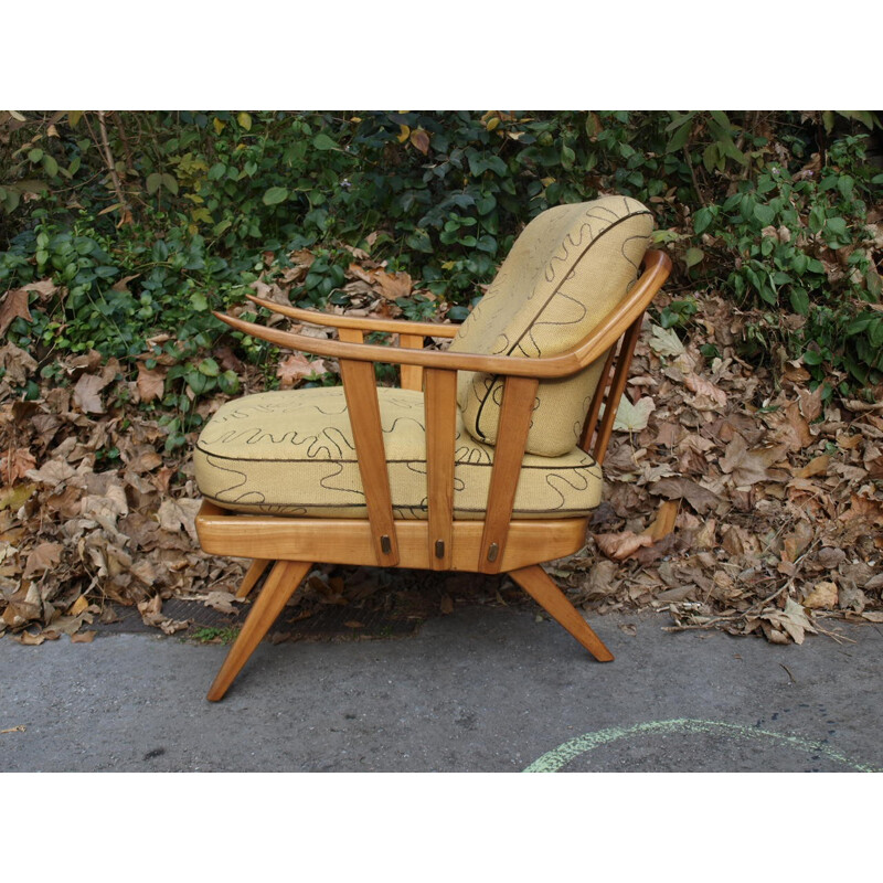 Fauteuil vintage en bois et tissu jaune clair - 1950